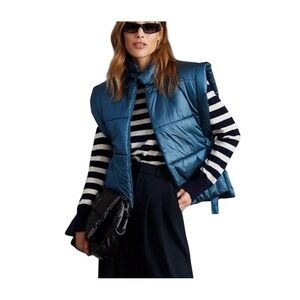 Pilcro metallic Teal‎ Blue Puffer Vest One Size Sleeveless Collared Tie Waist